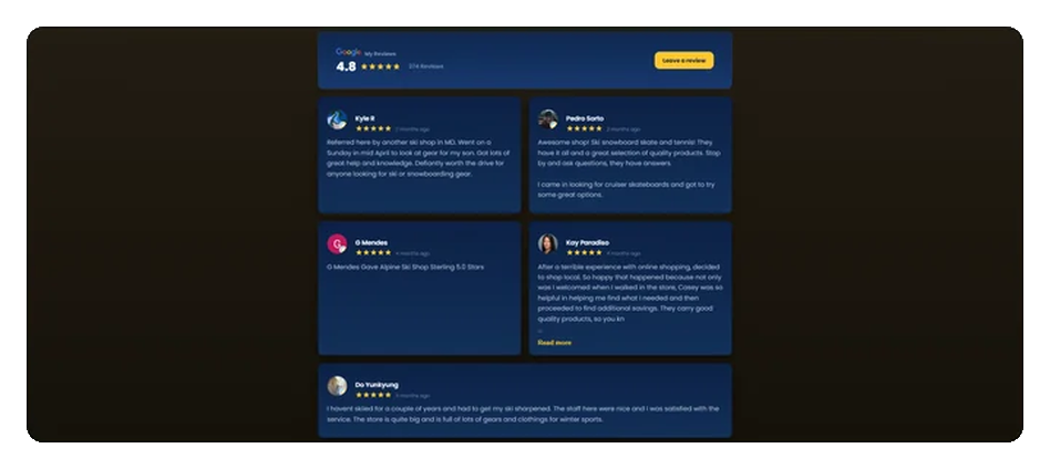 Exemplo de avaliações do Google exibidas dentro de uma página